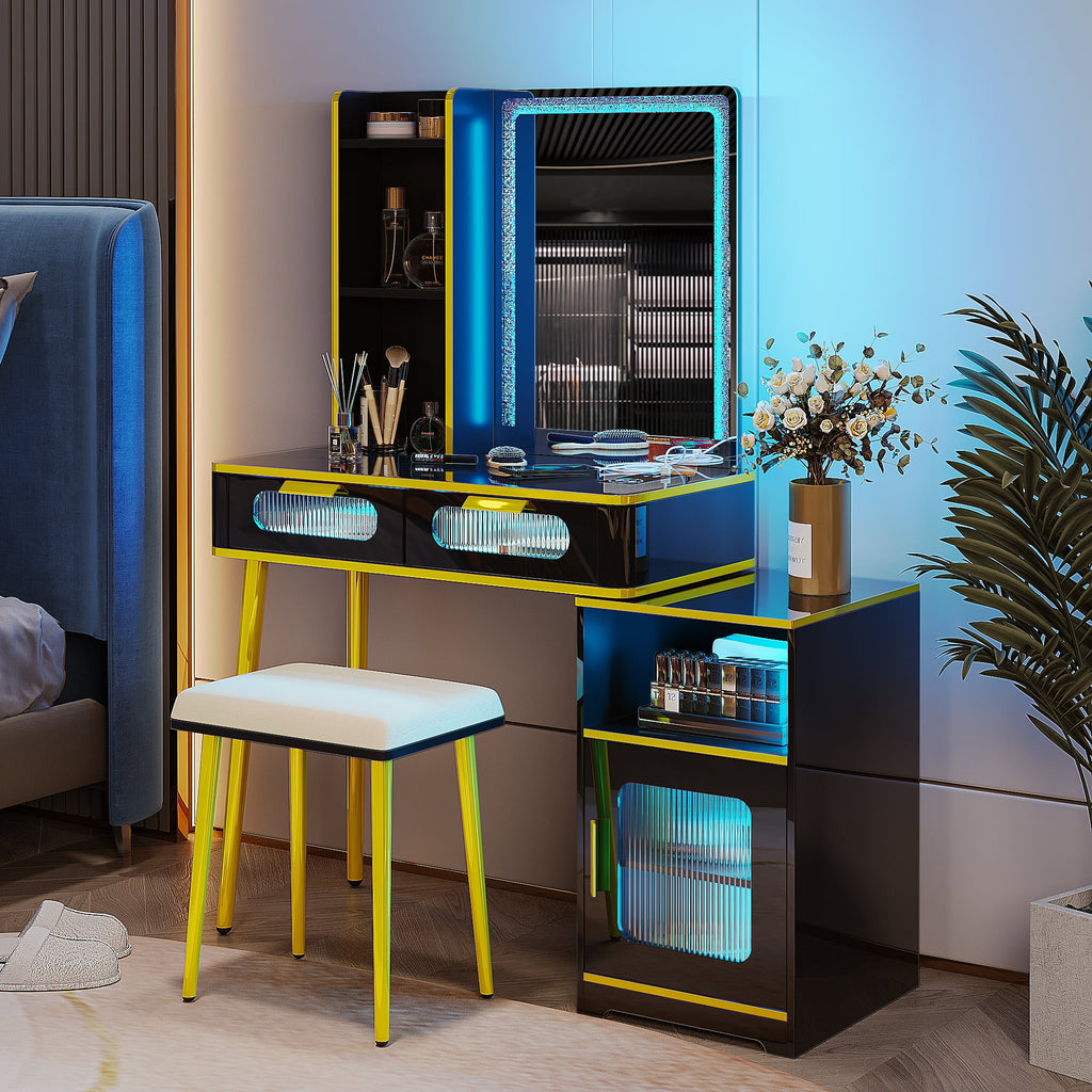 Black Vanity Desk with Mirror and Lights, 2 Drawers, Vanity Stool D10092