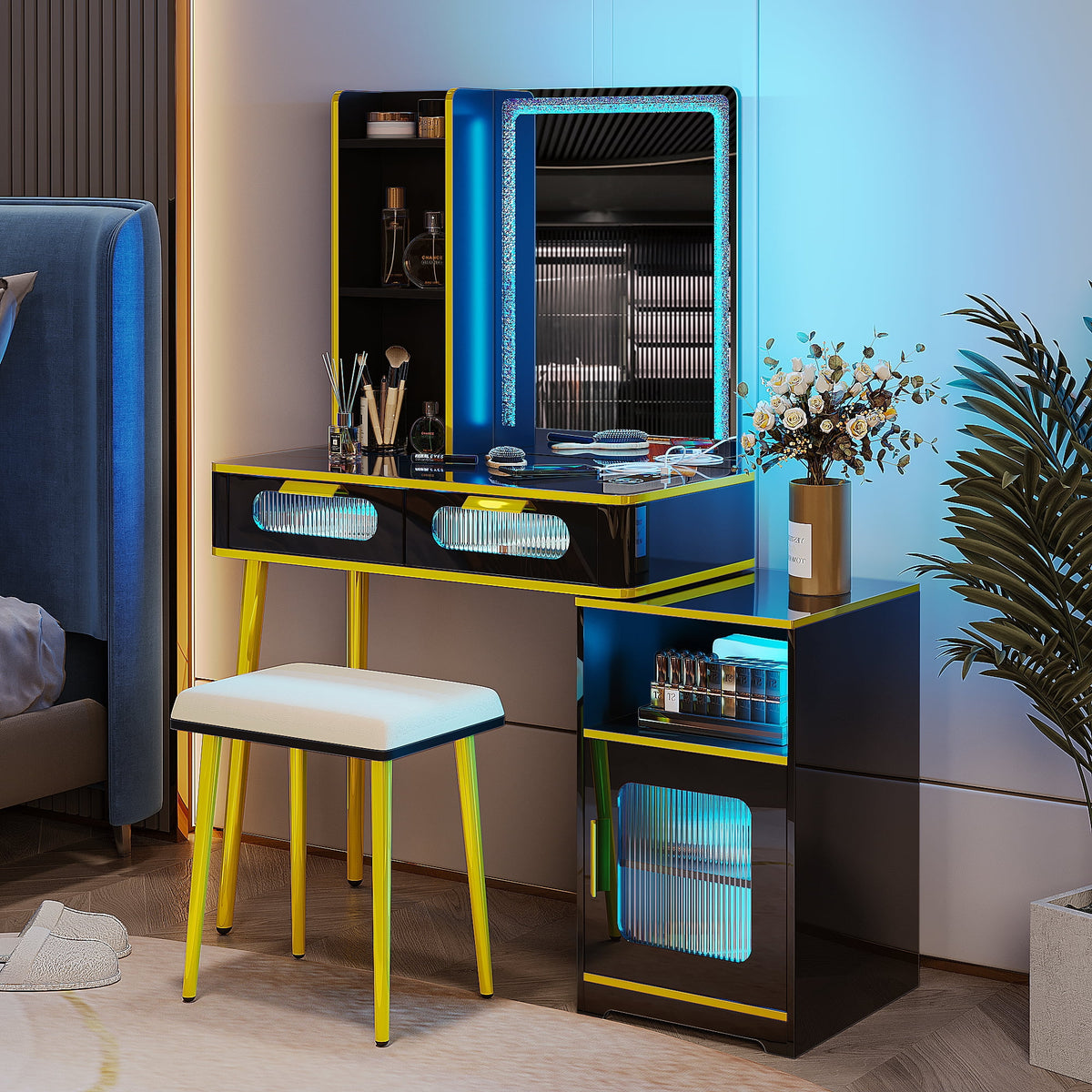 Black Vanity Desk with Mirror and Lights, 2 Drawers, Vanity Stool D10092