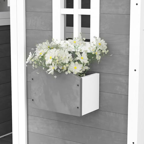 Gray Wooden Playhouse with Floor, Door, Windows & Planter Box L10950