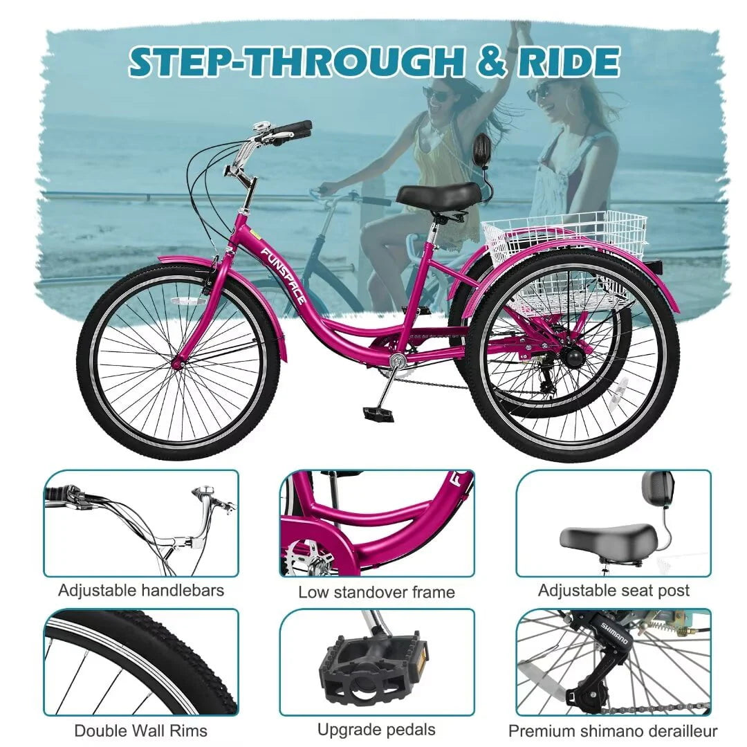 24/26 inch 3 Wheel 7 Speed Tricycle with Shopping Basket O10481