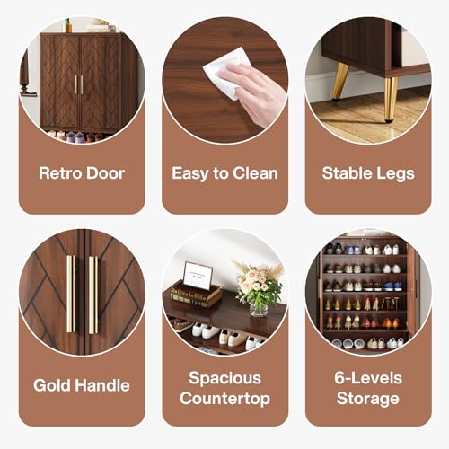 Walnut 6-Tier Shoe Cabinet with Doors N845