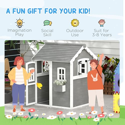 Gray Wooden Playhouse with Floor, Door, Windows & Planter Box L10950