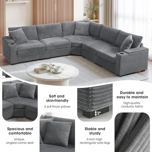 Beige Corduroy Sectional Corner Sofa with Cup Holders I677