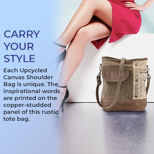 Upcycled Canvas Shoulder Bag with Adjustable Strap and Zip Closure B8904