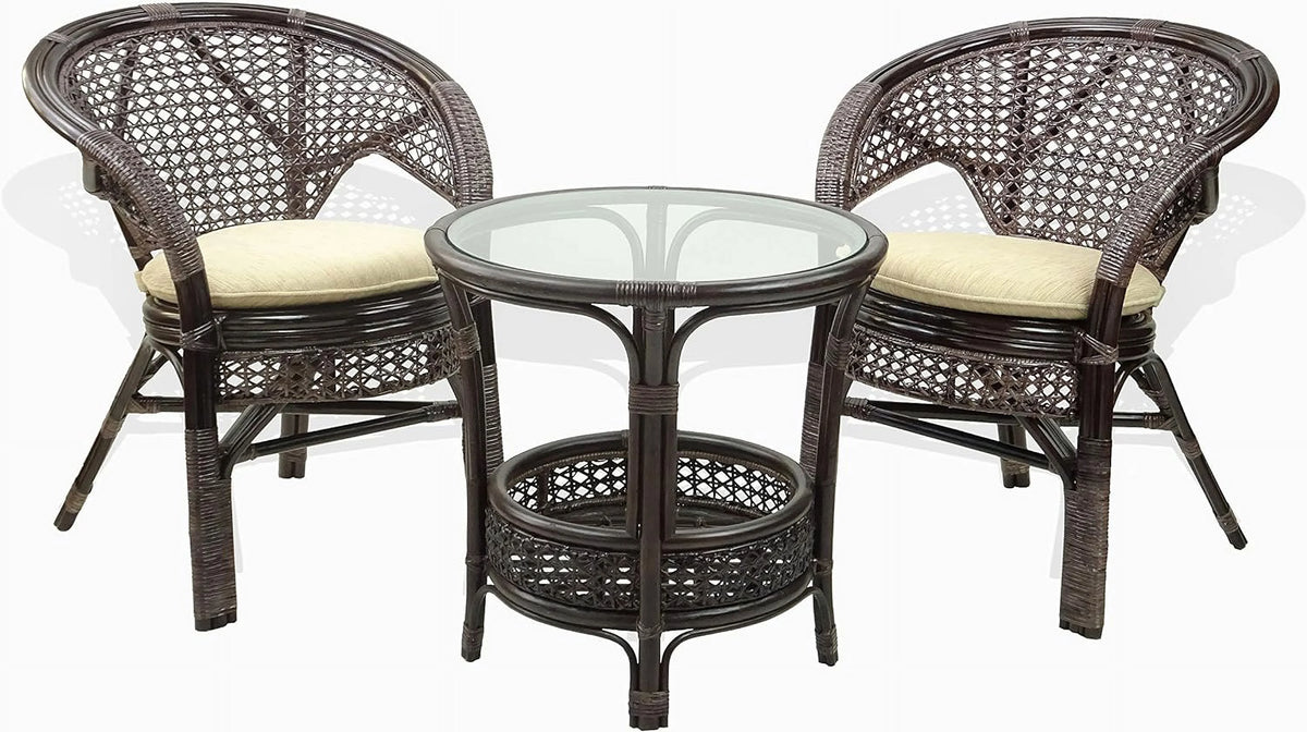 Natural Rattan Round Coffee Table with Glass Top Dark Brown I404140