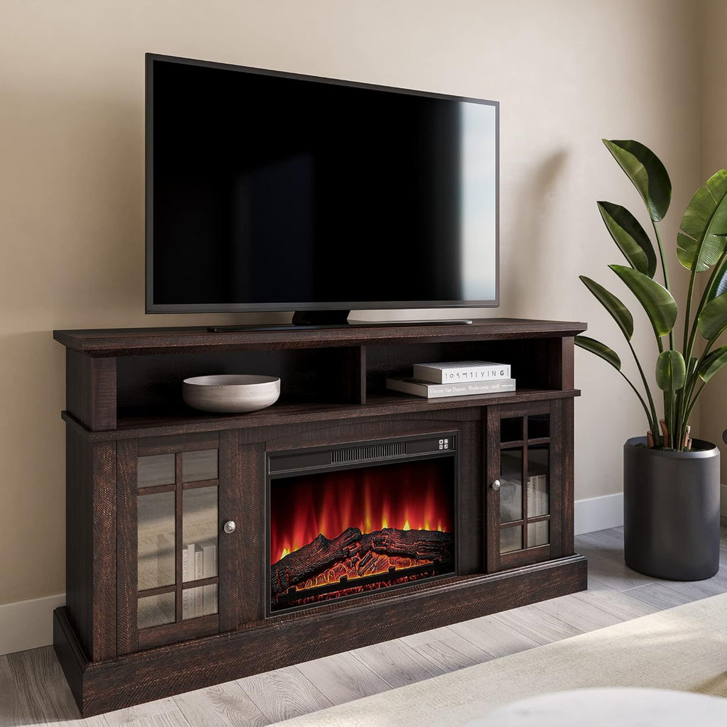 Espresso 58 Inch Electric Fireplace TV Stand with Storage Shelves and Cabinets O463