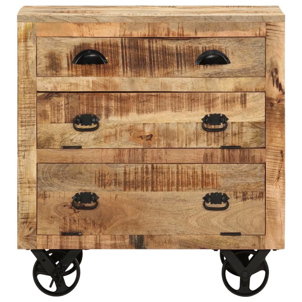 Mango Wood Side Table with Storage Drawers and Wheels X1378