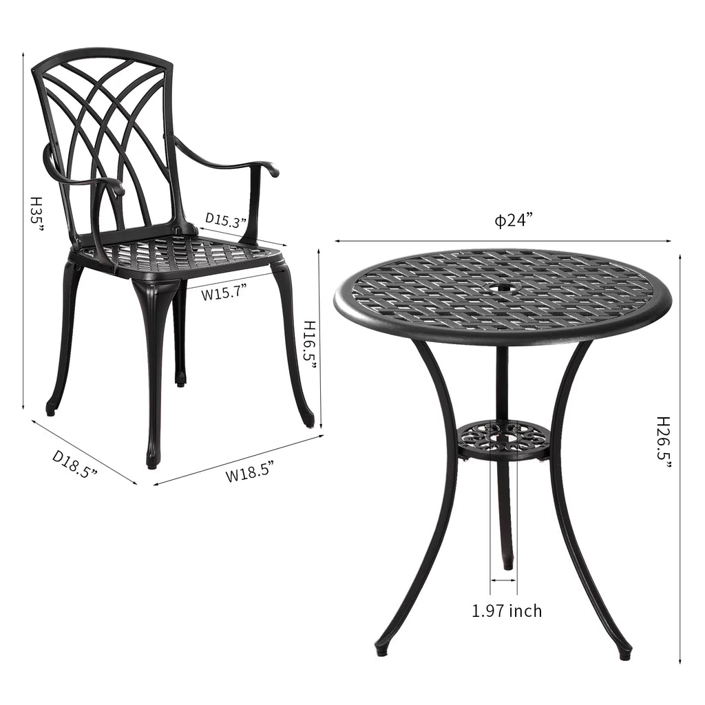 3 Piece Cast Aluminum Patio Bistro Set with Umbrella Hole J732