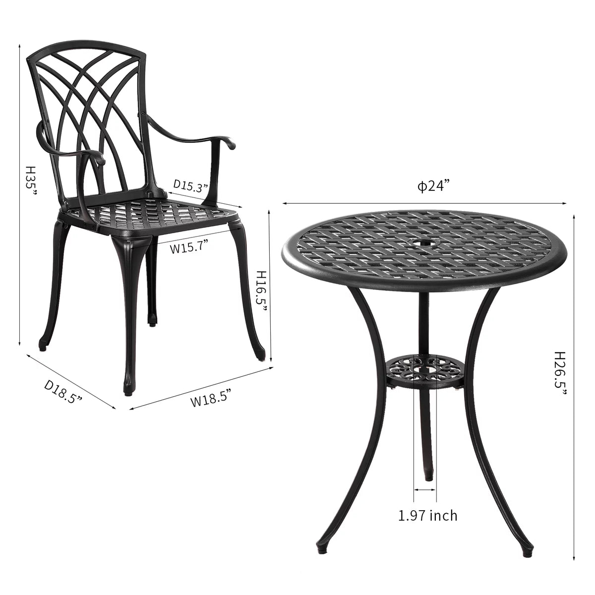 3 Piece Cast Aluminum Patio Bistro Set with Umbrella Hole J732