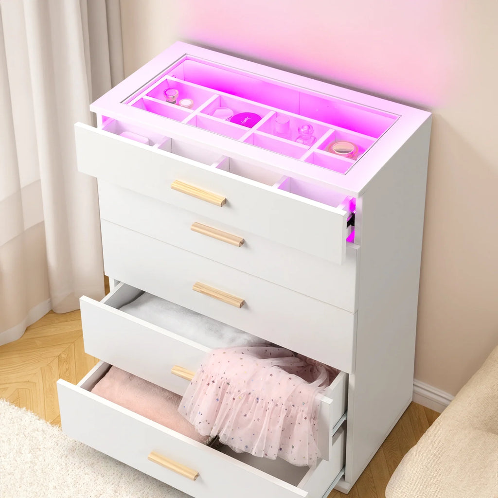 Black 5 Drawer Dresser with Tempered Glass Top E27131