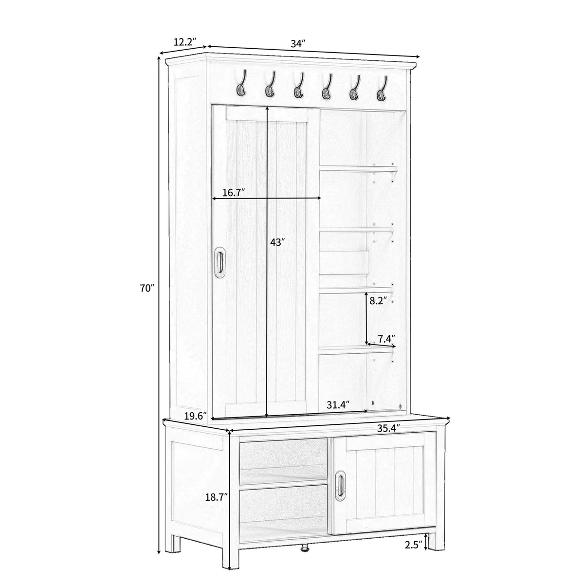 Black Wooden Hall Tree with Bench and Shoe Storage D348132