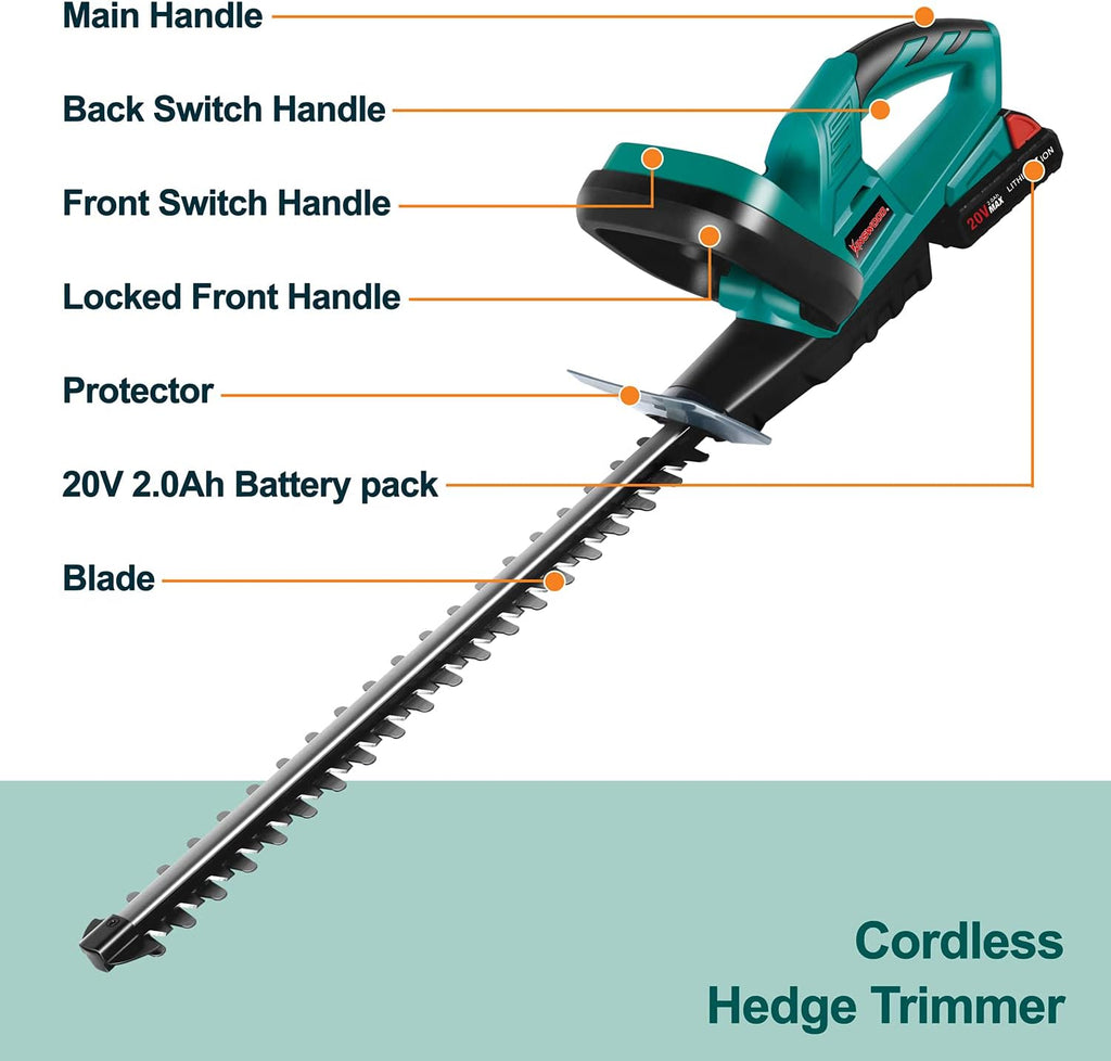 20V Cordless Hedge Trimmer 20" Dual Action Blade 2.0AH Battery Pack of 2 F26608