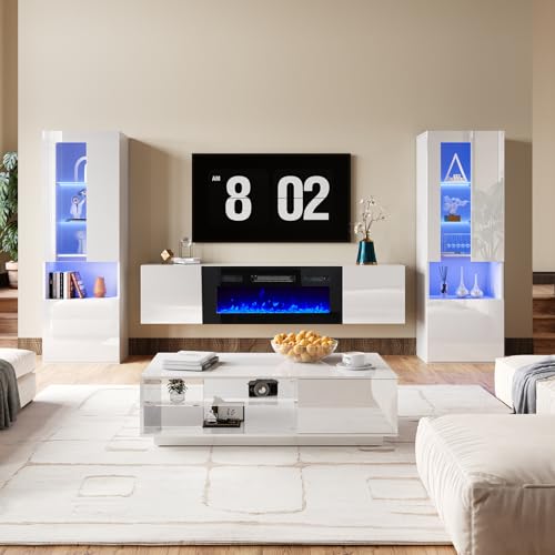 White High Gloss Entertainment Center with LED Lights, 40" Electric Fireplace, 2 Bookcases with Glass Doors P5939