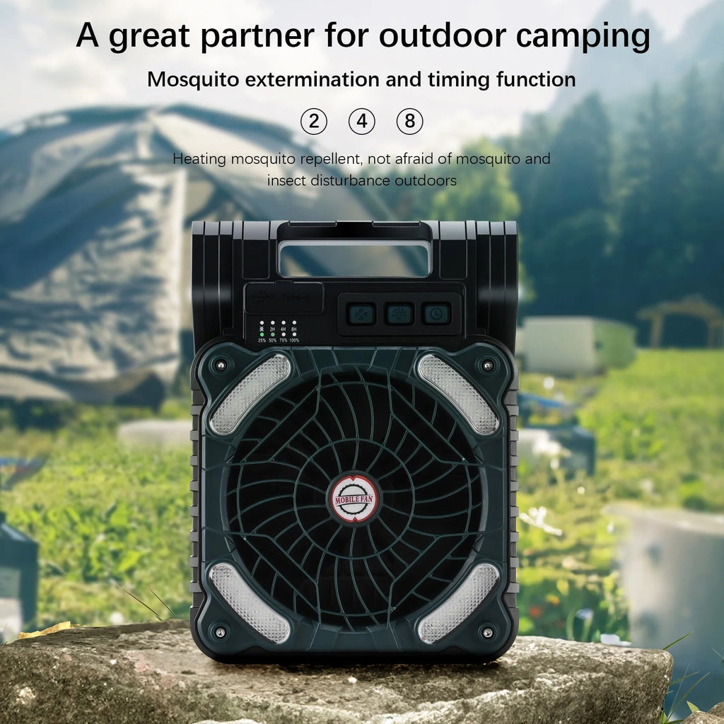Solar Camping Fan with Solar Panel, LED Light, 4 Speeds, 10000mAh O7353