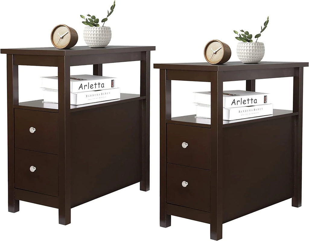 Set of 2 Wood Side Table with Shelf and Drawers D8176
