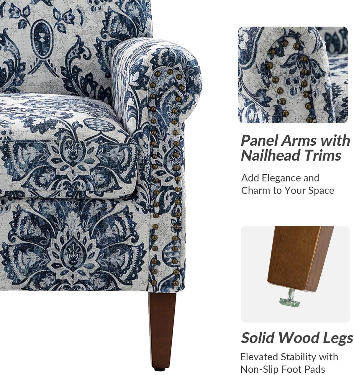 Navy Accent Chair with Wood Legs and Removable Cushion H4979