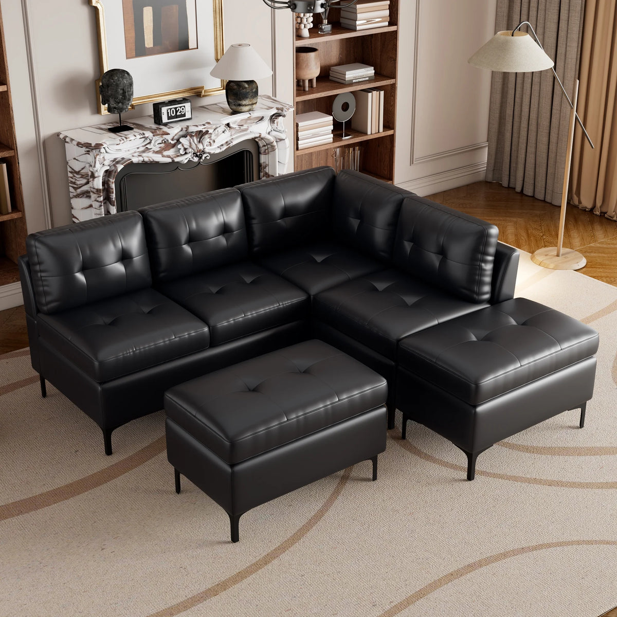 Black PU Leather L-Shaped Corner Sectional Sofa with Movable Storage Ottomans R3152