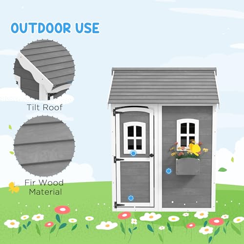 Gray Wooden Playhouse with Floor, Door, Windows & Planter Box L10950