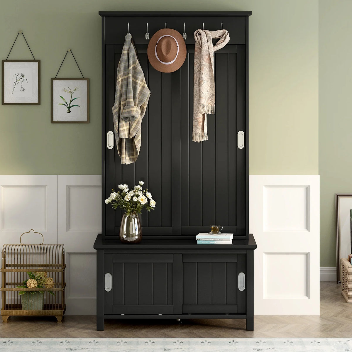 Black Wooden Hall Tree with Bench and Shoe Storage D348132