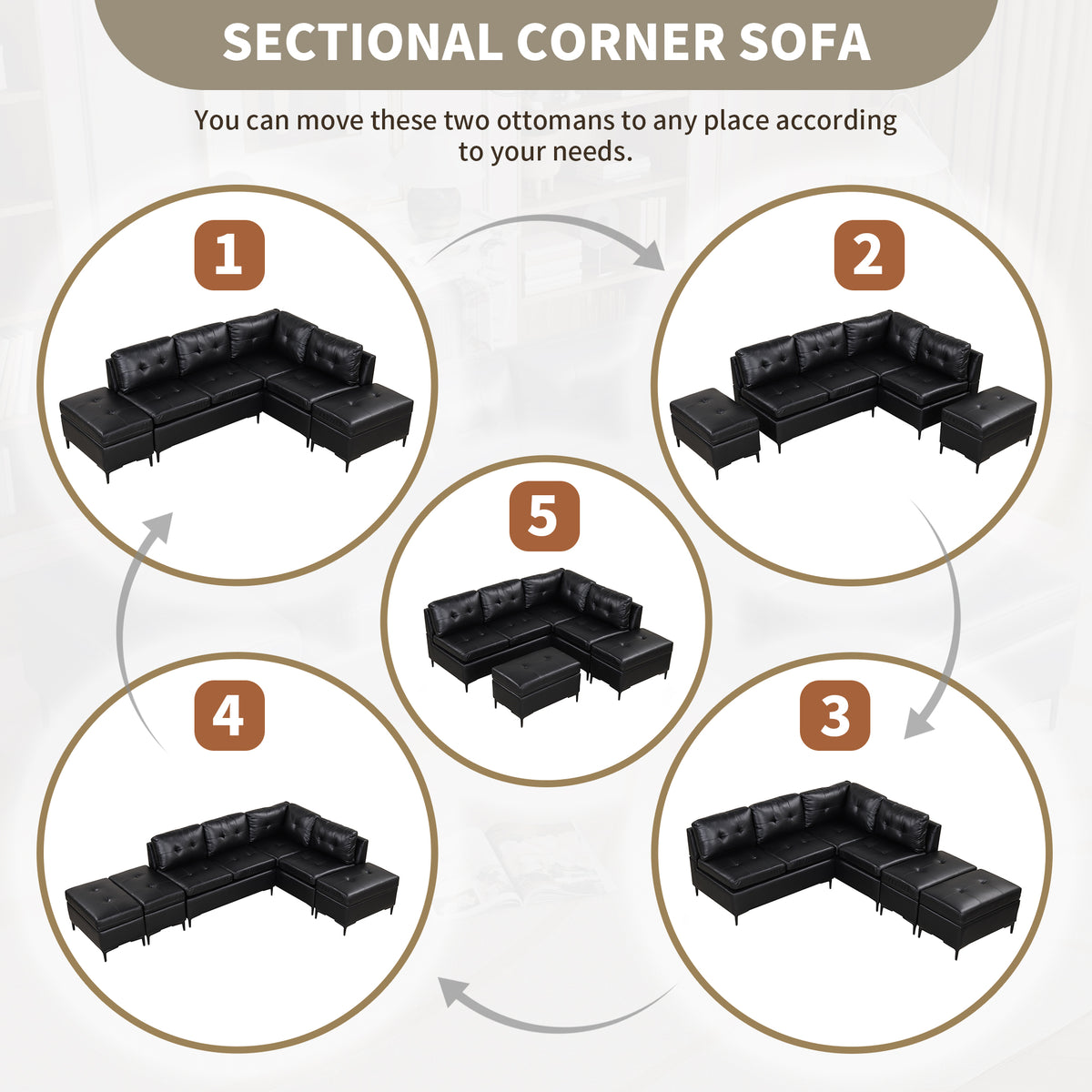 Black PU Leather L-Shaped Corner Sectional Sofa with Movable Storage Ottomans R3152