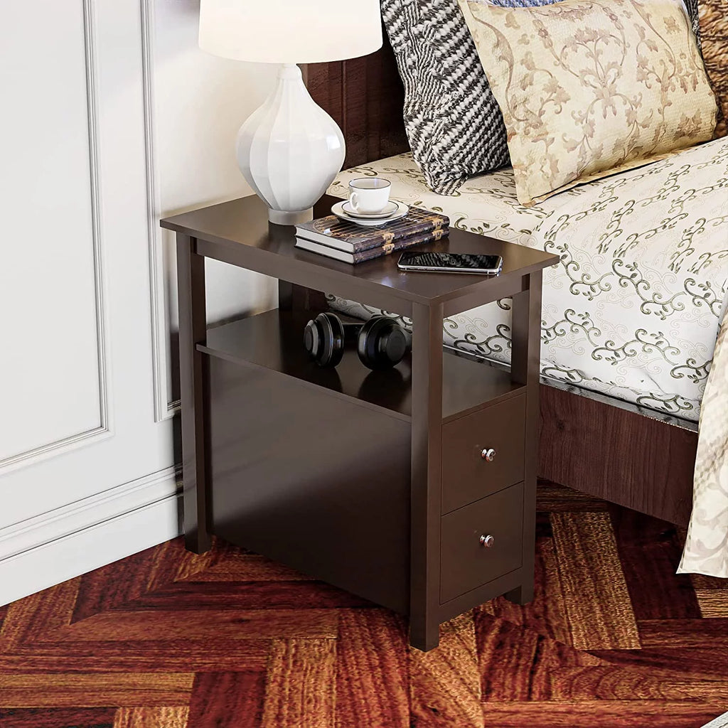 Set of 2 Wood Side Table with Shelf and Drawers D8176