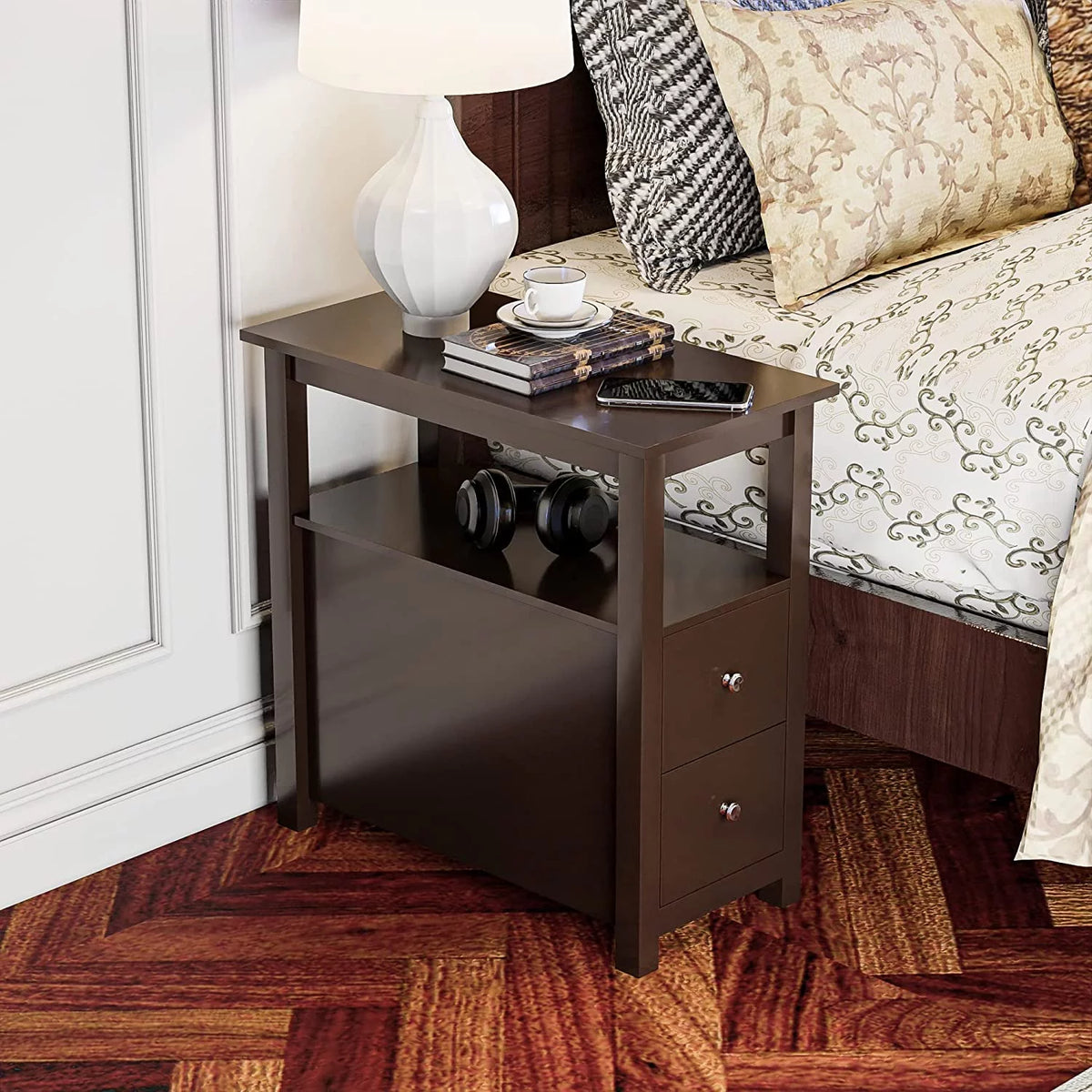 Set of 2 Wood Side Table with Shelf and Drawers D8176