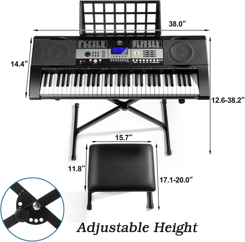 61 Key Portable Electric Keyboard Piano with Stand, Stool, Headphones, Microphone, LCD Screen D6026