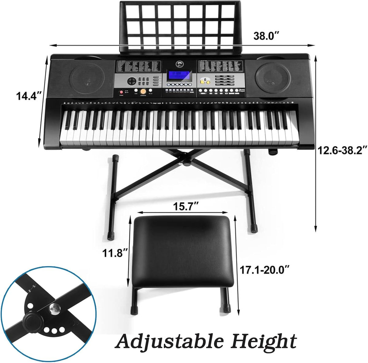 61 Key Portable Electric Keyboard Piano with Stand, Stool, Headphones, Microphone, LCD Screen D6026