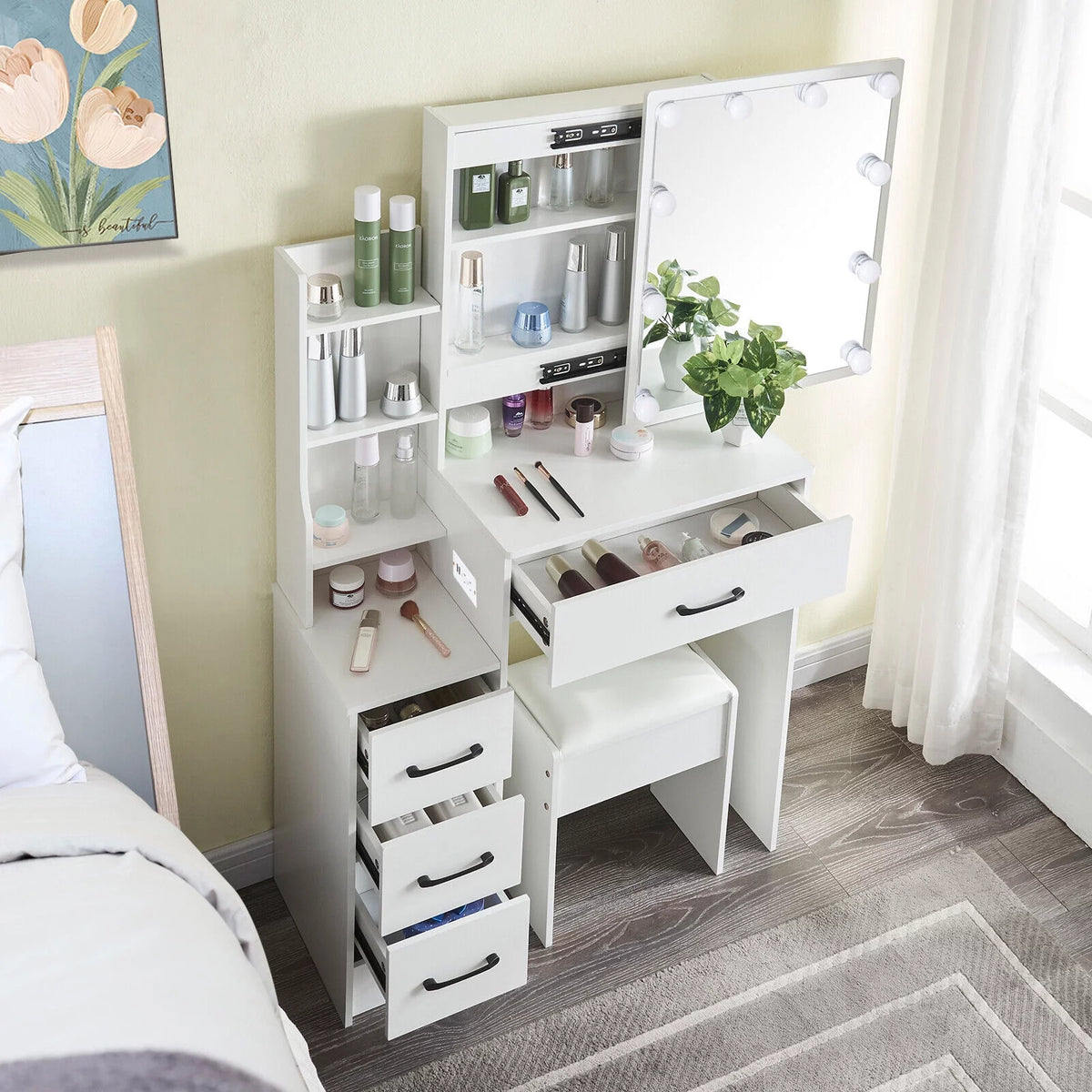 4 Drawer Makeup Vanity Desk with Stool Mirror and Light M755