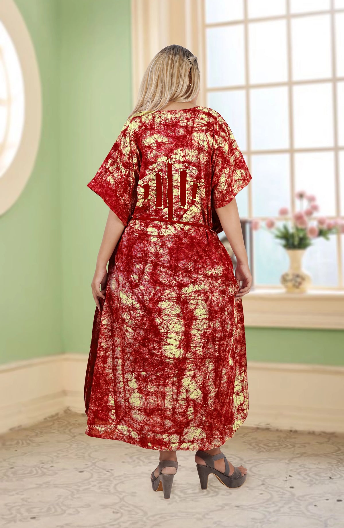 Maroon Stripes Maxi Kaftan Dress E253762