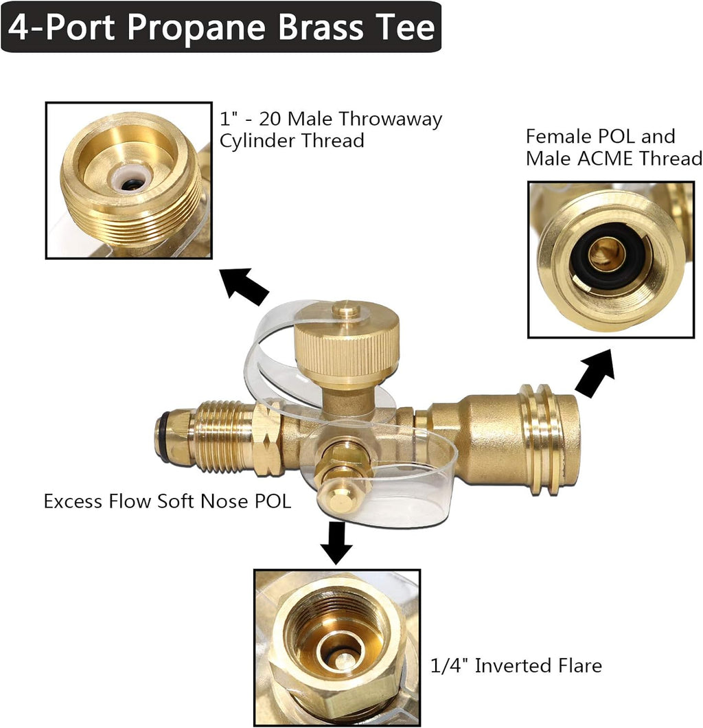 Propane Brass Tee Adapter Kit 4-Port with 5ft and 12ft Hoses U653