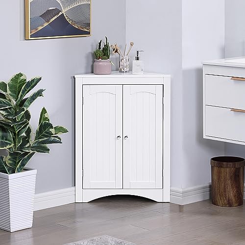 White 1 Corner Bathroom Cabinet with Doors Shelves J99360