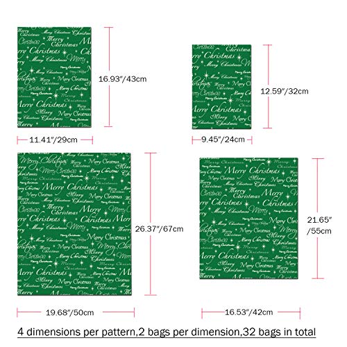 Christmas Gift Bags, 32Pcs Santa Wrapping Bag in 4 Sizes and 4 Designs with Ribbon Ties and Tags U16233