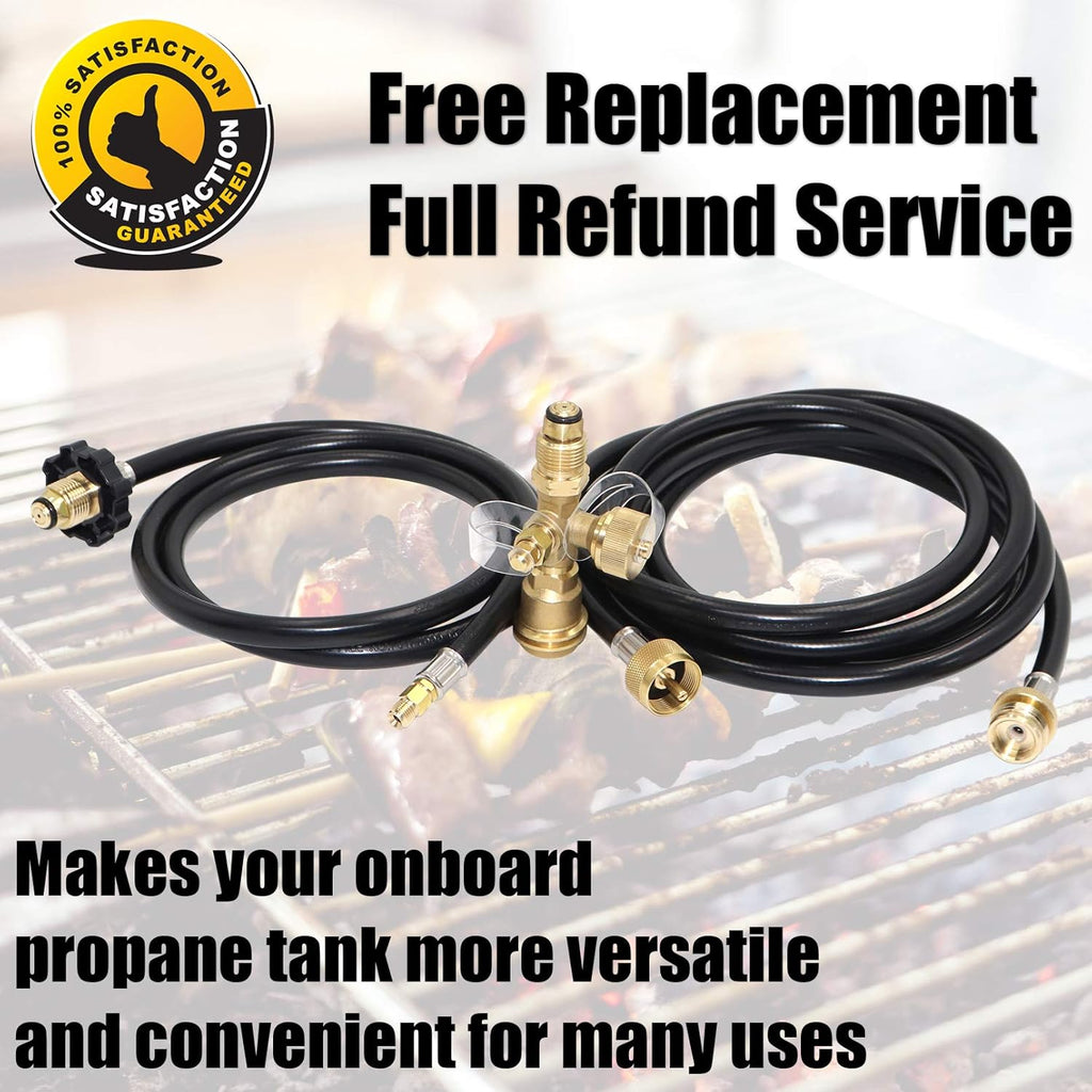 Propane Brass Tee Adapter Kit 4-Port with 5ft and 12ft Hoses U653