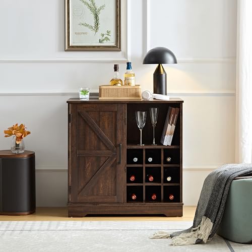Gray Wash Farmhouse Coffee Bar Cabinet with Wine Rack and Drawer S357