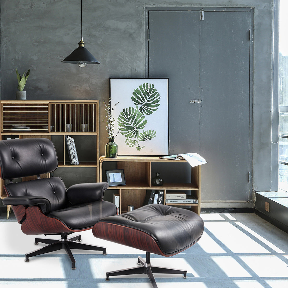 Black Tufted Leather Swivel Lounge Chair with Ottoman Y262397