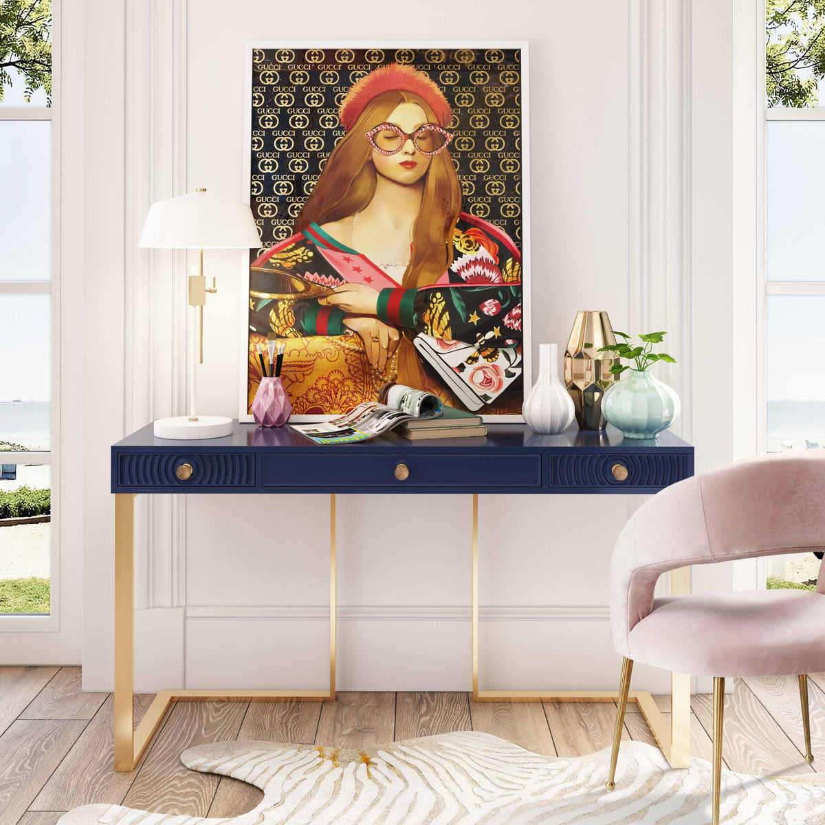 Blue Lacquer Office Desk With Gold Legs T855