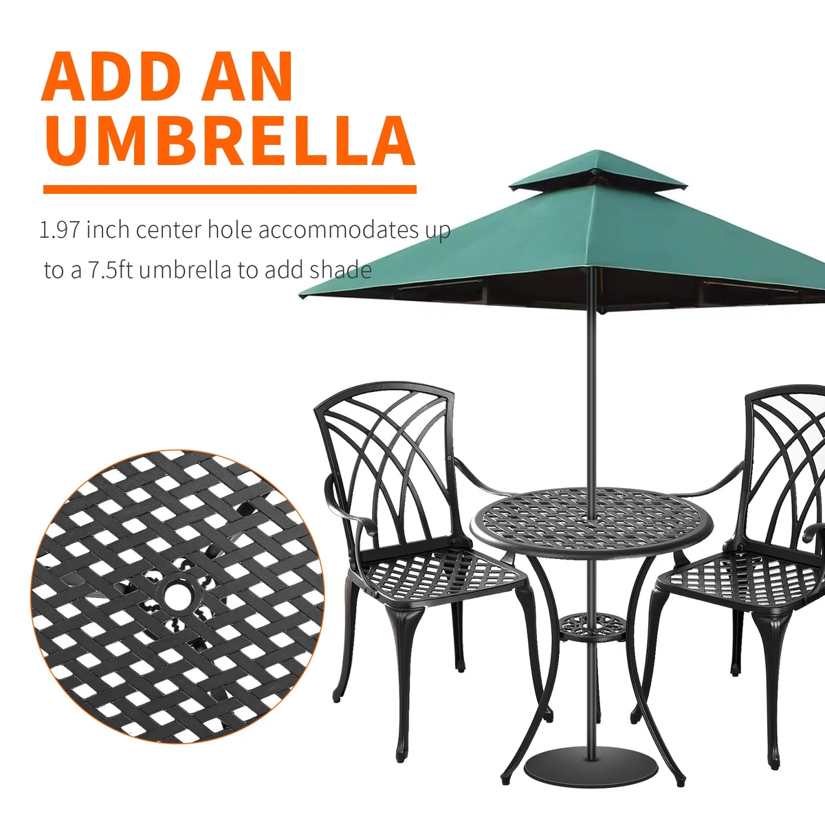 3 Piece Cast Aluminum Patio Bistro Set with Umbrella Hole J732