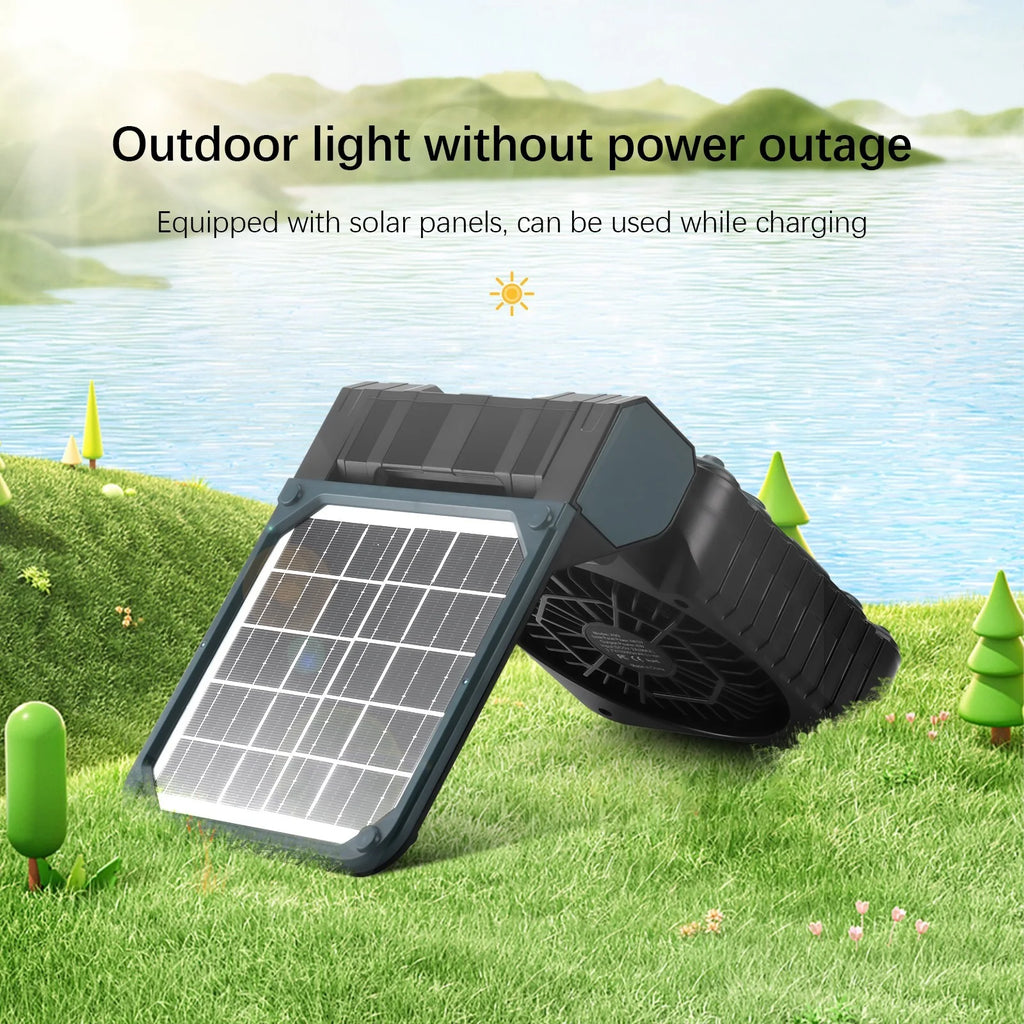Solar Camping Fan with Solar Panel, LED Light, 4 Speeds, 10000mAh O7353