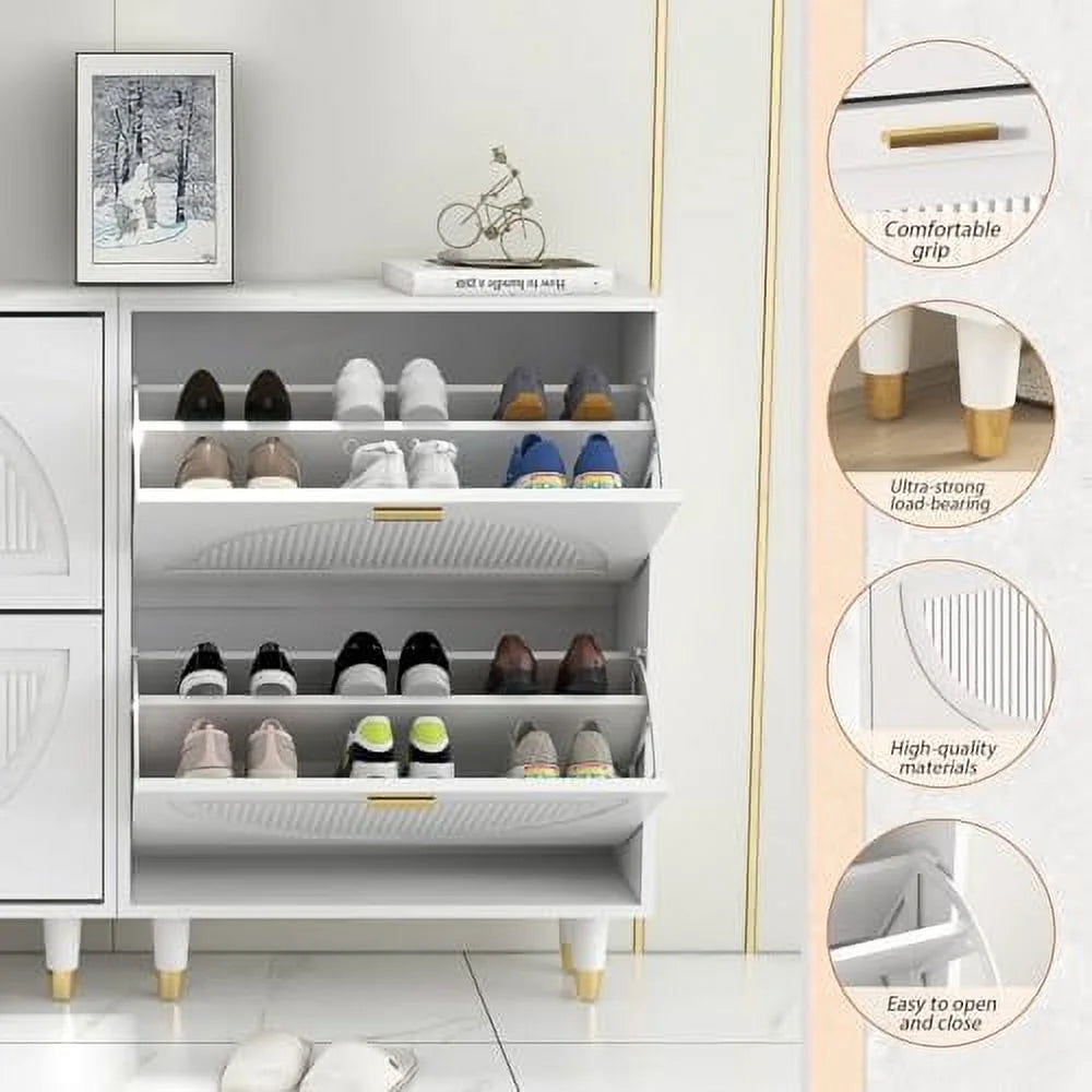White 2 Flip Drawers Slim Shoe Cabinet A95658