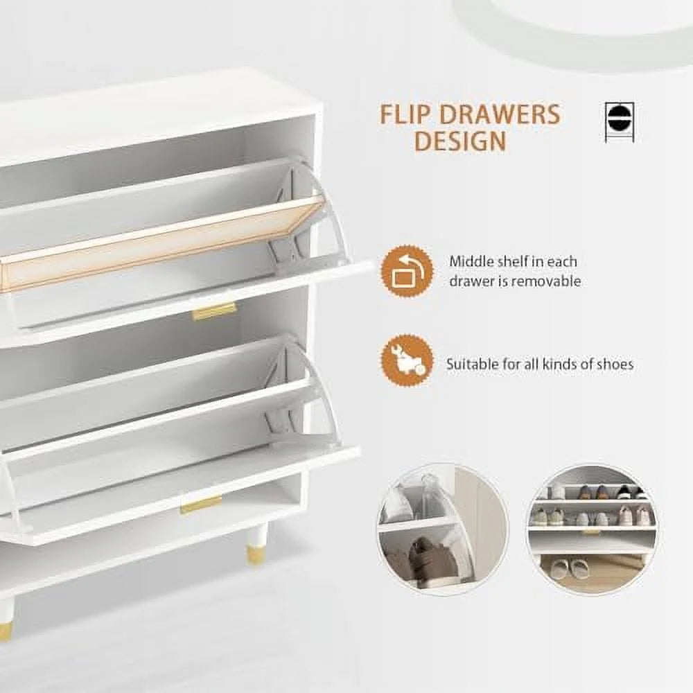 White 2 Flip Drawers Slim Shoe Cabinet A95658