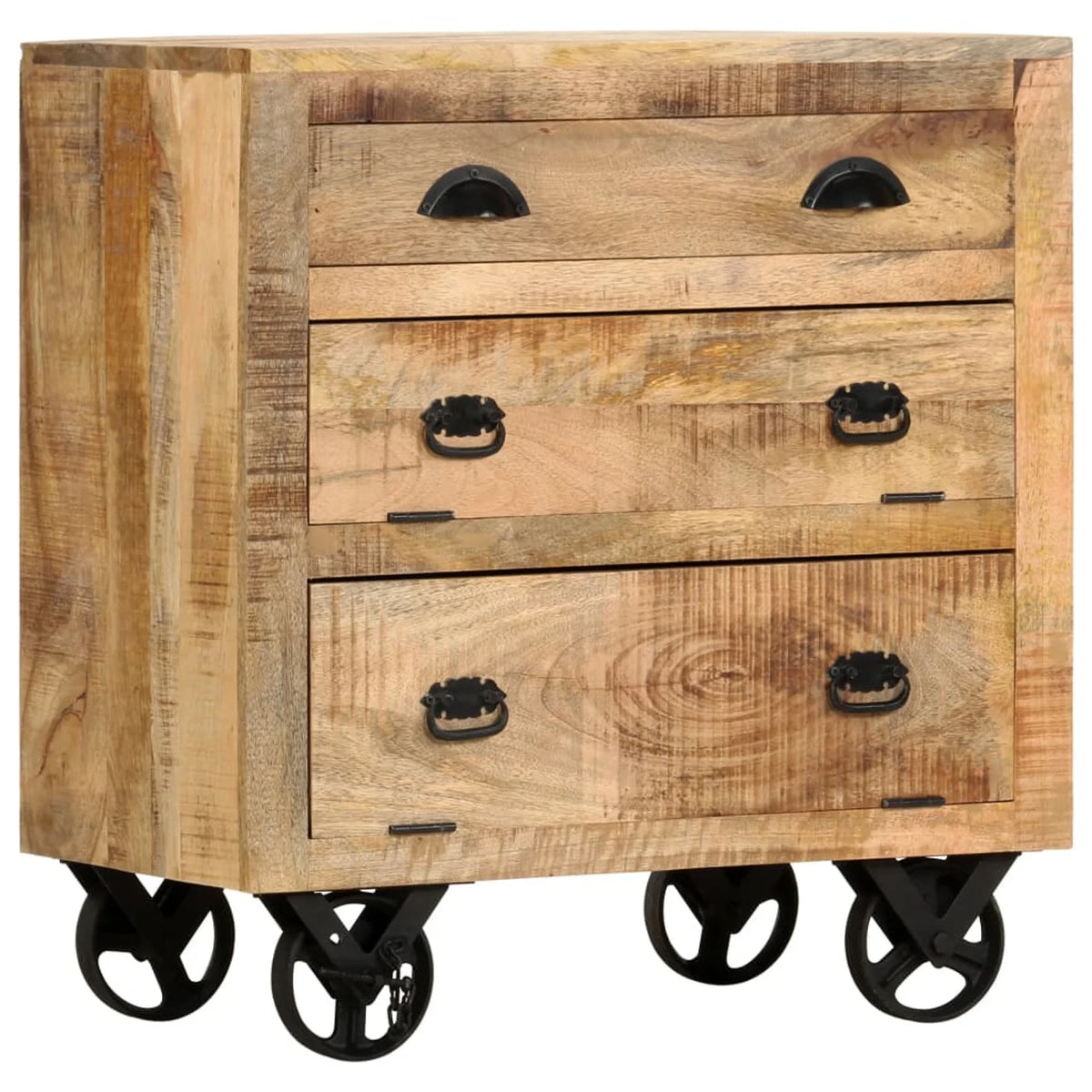 Mango Wood Side Table with Storage Drawers and Wheels X1378