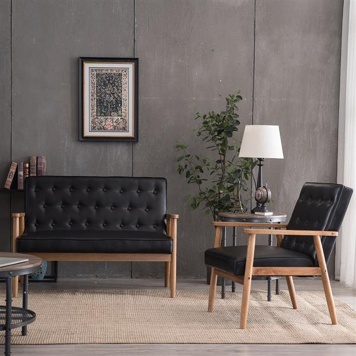 Black PU Leather Loveseat Lounge Chair Y32771
