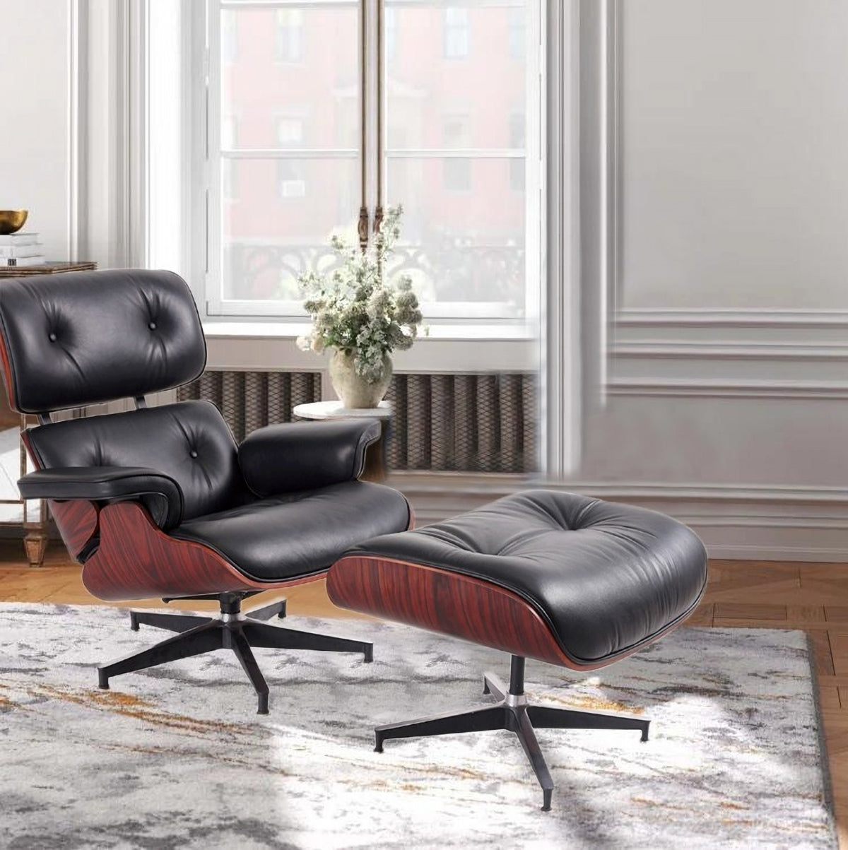 Black Tufted Leather Swivel Lounge Chair with Ottoman Y262397