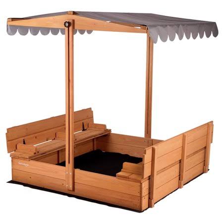 Kids Outdoor Sandbox with Lid, Adjustable Canopy, Foldable Bench T3692