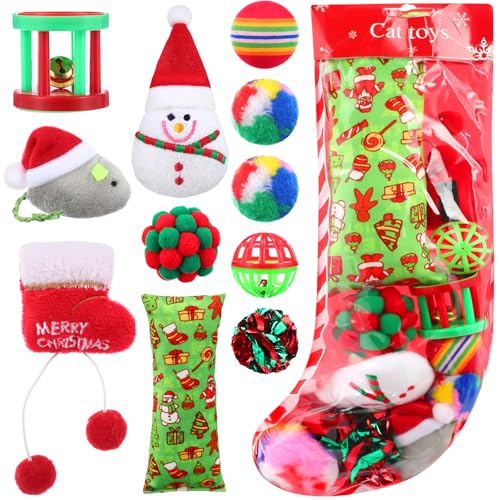 11 Pcs Christmas Catnip Cat Toy Gift Set with Santa Snowman Plush Balls Crinkle Mice L5906