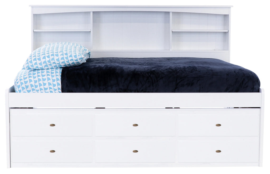 Solid Pine Full Bookcase Daybed with 3 Drawers and Twin Trundle in Casual White G223