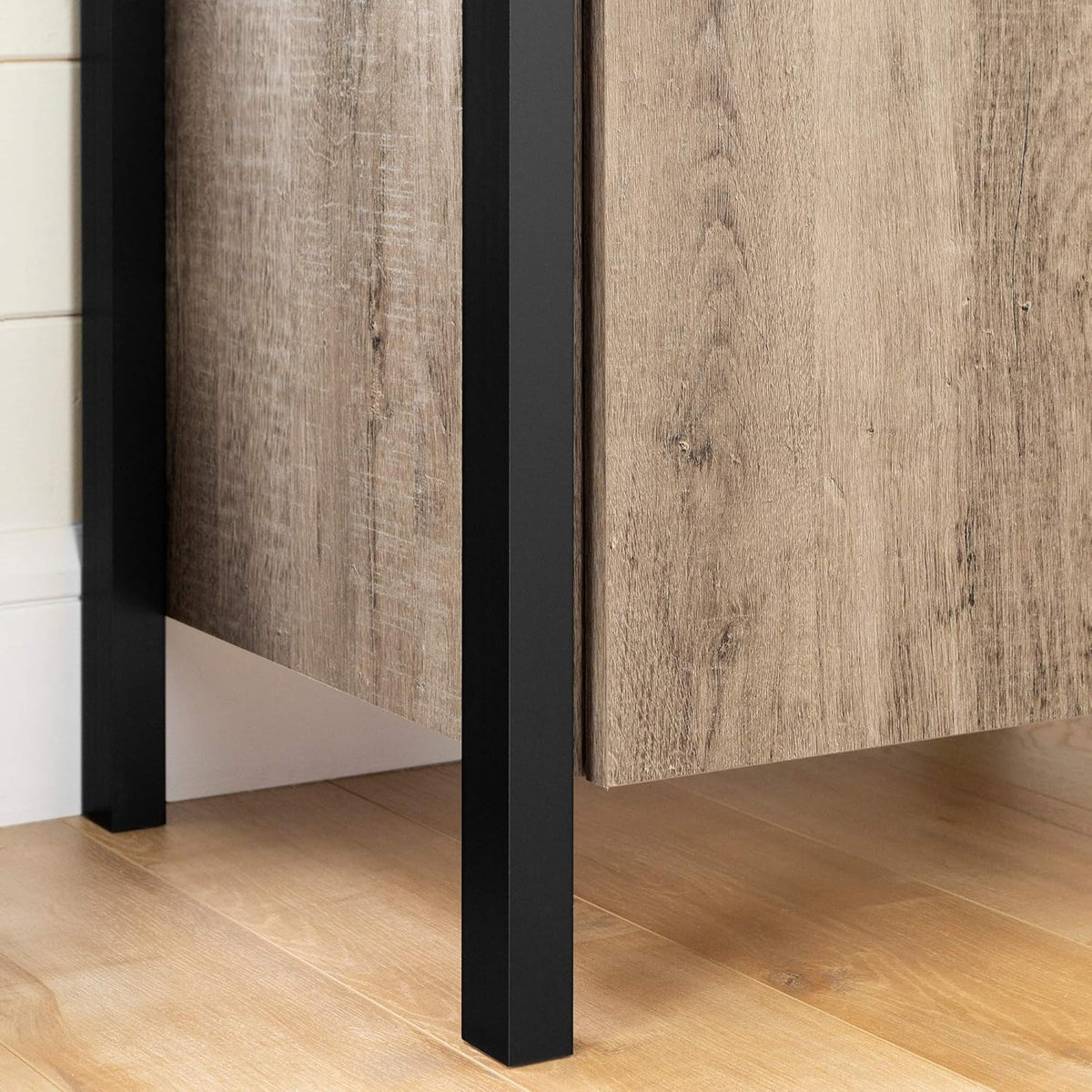 Weathered Oak and Matte Black Bar Cabinet with Storage N883
