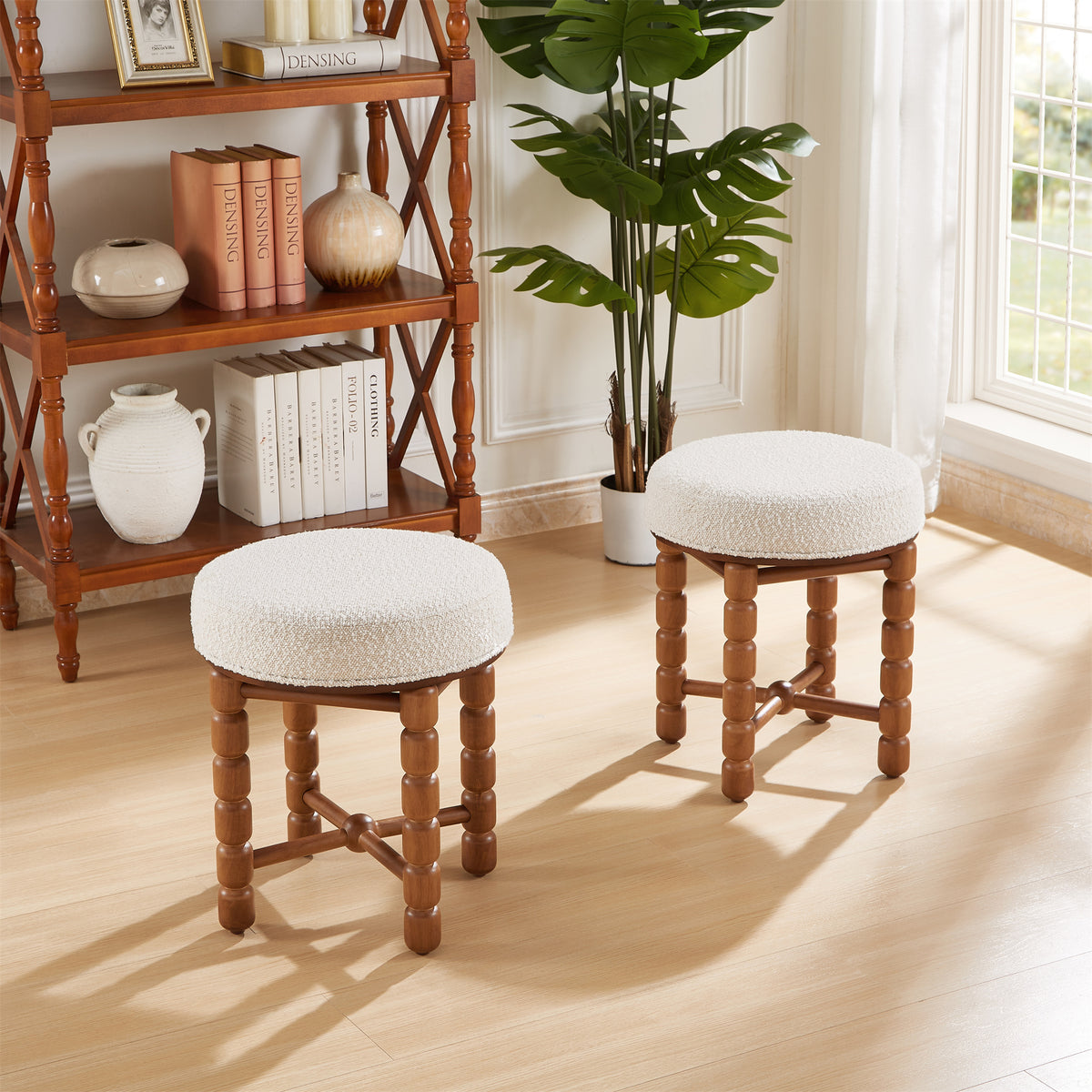 White Upholstered Boucle Vanity Stool with Wood Legs M808