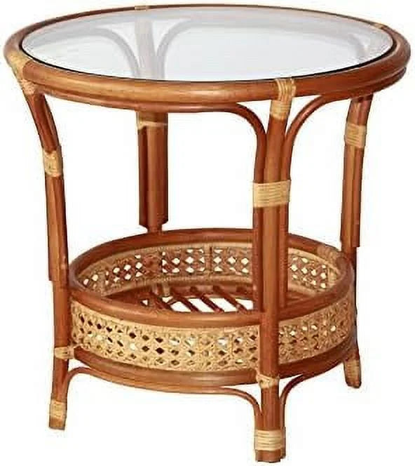 Natural Rattan Round Coffee Table with Glass Top Dark Brown I404140